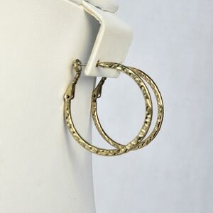 Hammered Gold Tone Hoop Omega Back Earrings